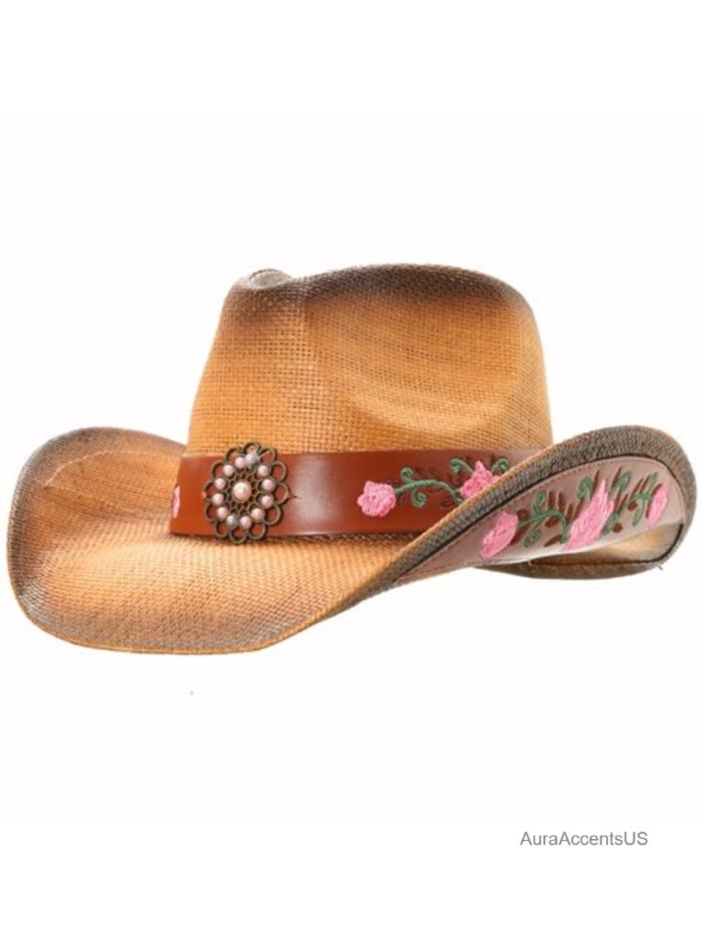 Woven Straw Cowboy Hat Western Floral Embroidered Sun Hat
